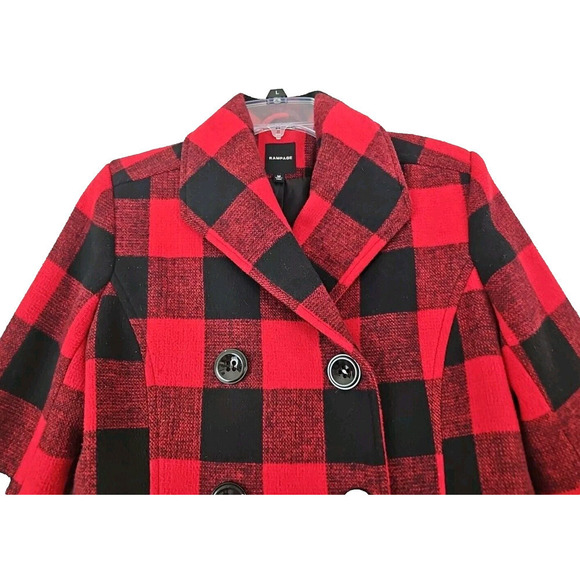 Rampage ~Woman Size M~ Scarlet Red/Caviar Plaid Buffalo Check Pea Coat Jacket. - Picture 6 of 11